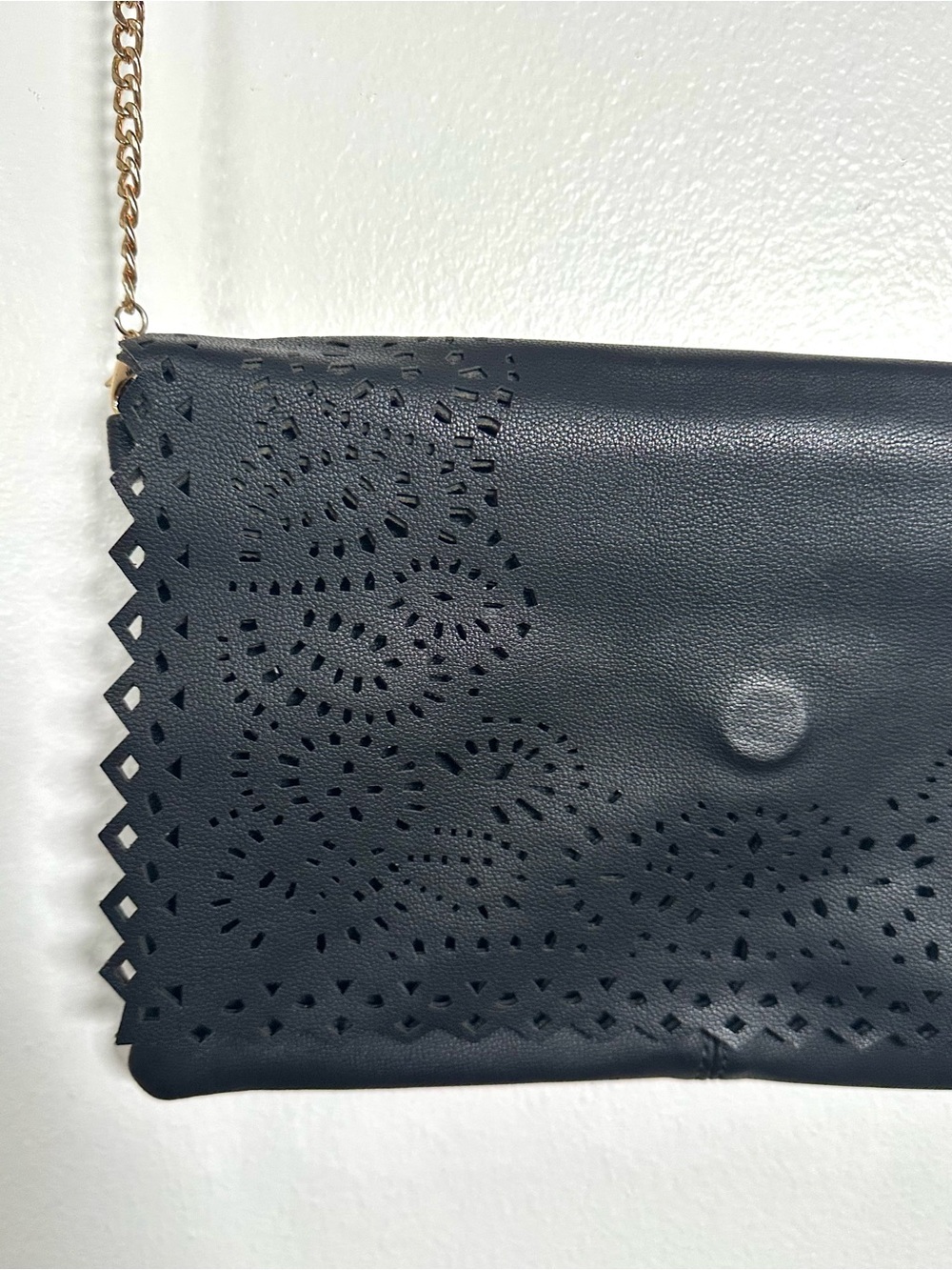 Boutique Black Laser-Cut Leather-like Clutch with Gold Chain